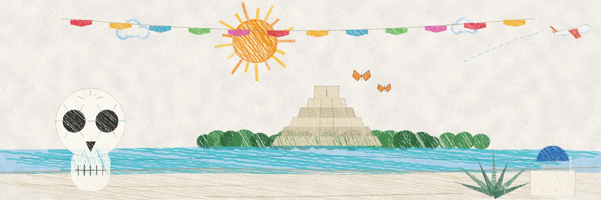Illustrated Mexico scene with a pyramid, papel picado bunting, a sugar skull and the coast